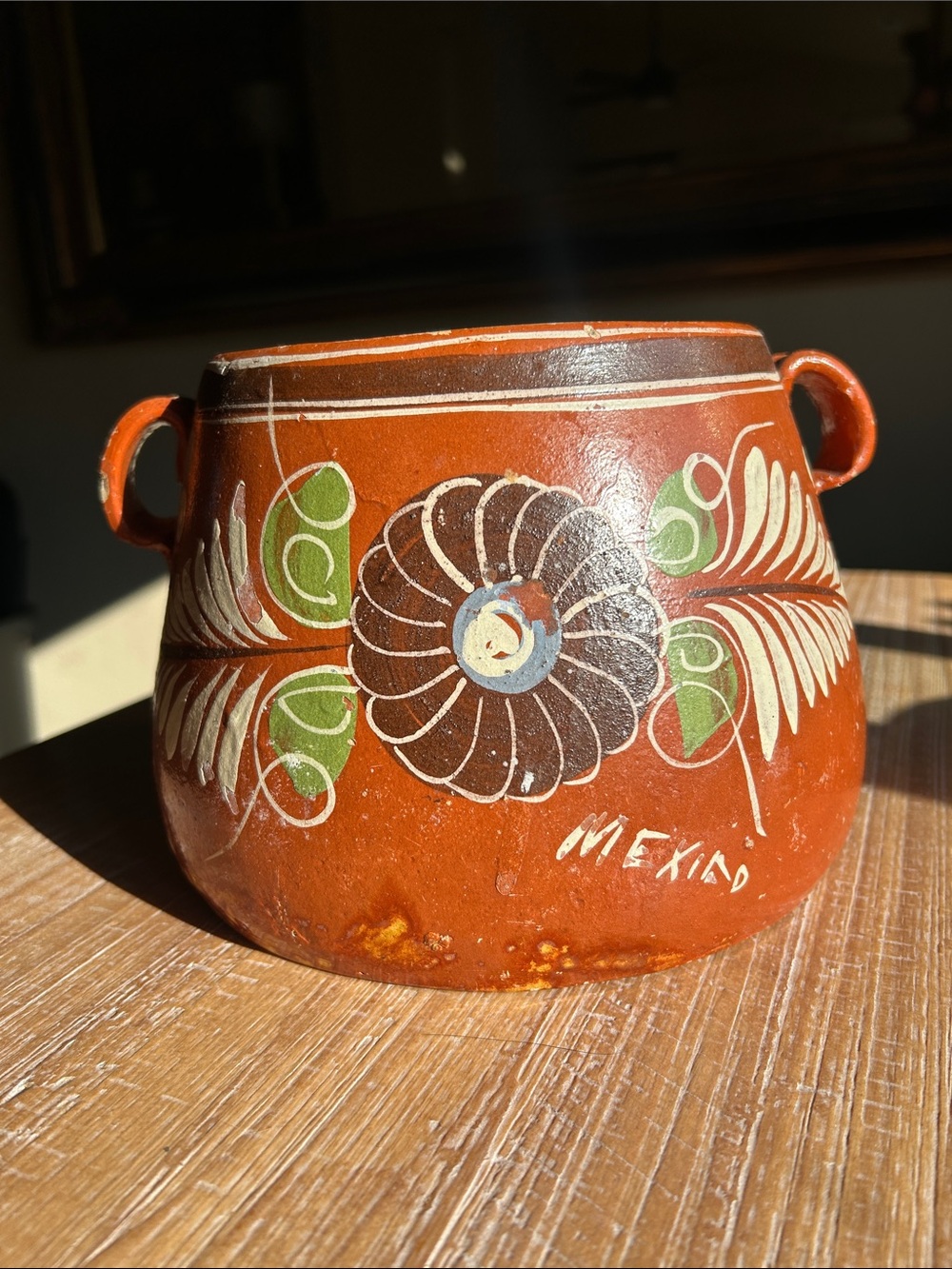 Authentic Mexican Clay Pot, Primitive style, Hand made, Hand painted, signed